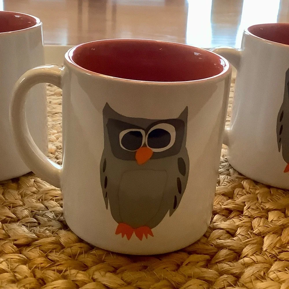 Crate & Barrel Owl Coffee Mug Cup Three Piece Matching Set 8 Ounces * Dual sided